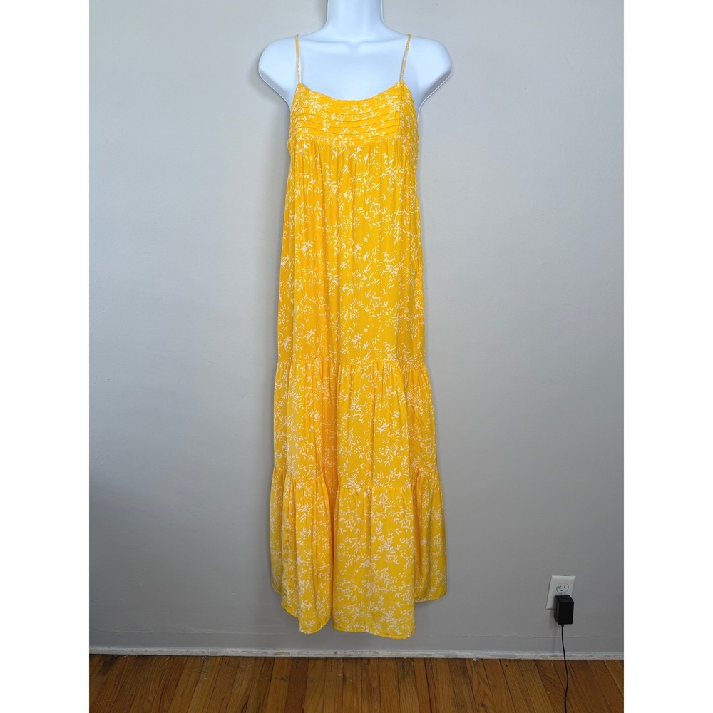 Natalie Martin Silk Maxi Dress Womens S Yellow Leafy Print Boho Tiered Tie Strap